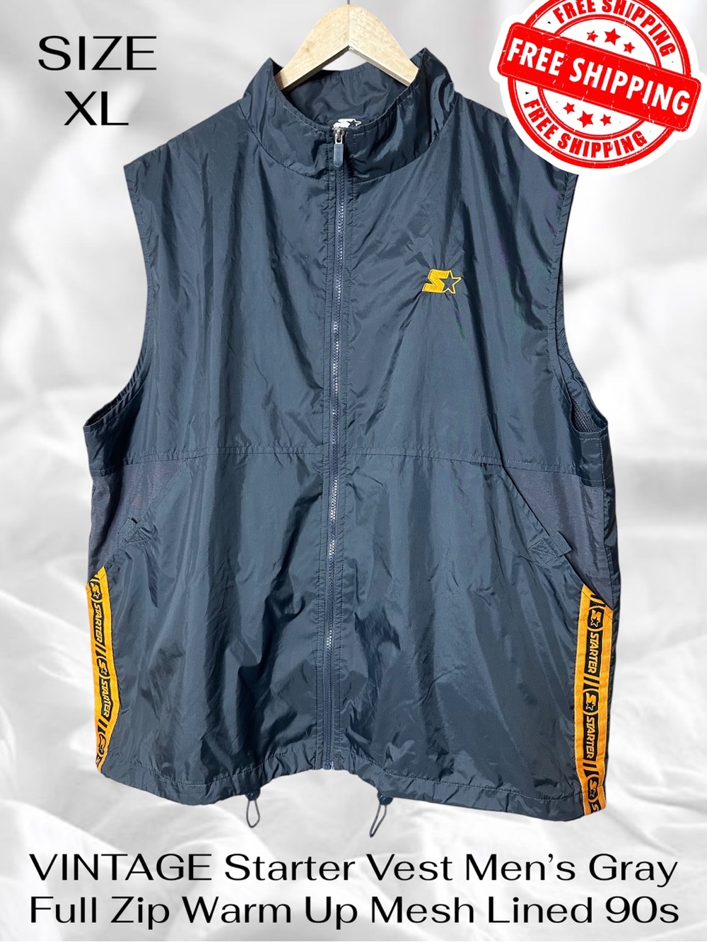 VINTAGE Starter Vest Mens XL  Gray Full Zip Warm Up Mesh Lined 90s FREE SHIPPING